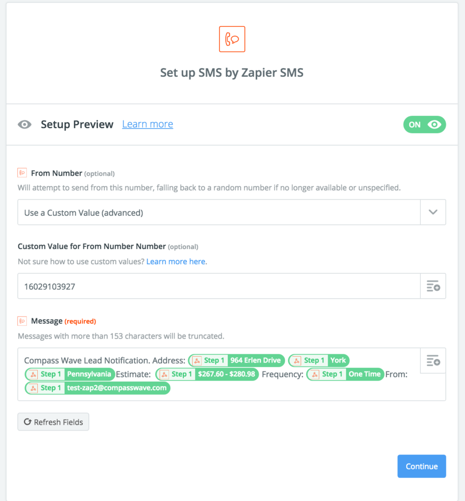 zapier webhook sms setup preview